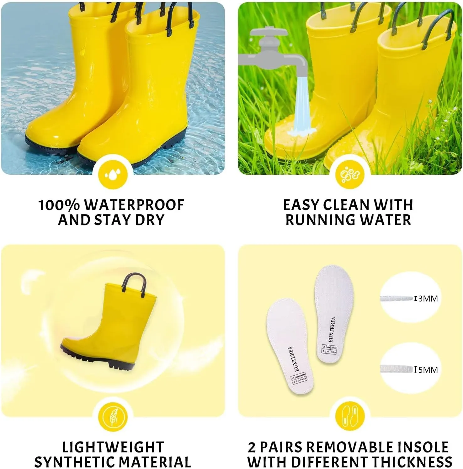 EUXTERPA Boys Girls Waterproof Rain Boots Kids Toddler Solid Color Boots with Easy On Handles
