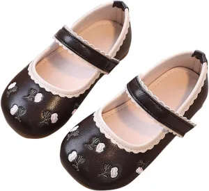Girls Dress Shoes Toddler Cute Floral Print Mary Jane Flats Flower Girl Dress Shoes for Wedding Party School