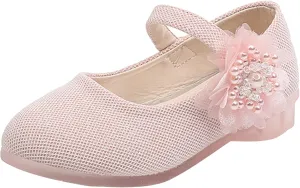 Girls Mary Jane Flats with Flower Low Heels Pump Flower Girl Dress Shoes Toddler Girls School Party Wedding Shoes