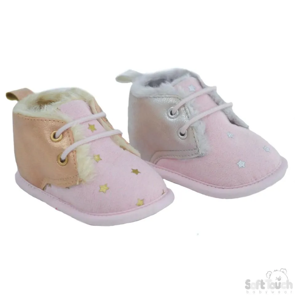 Girl's Pink Suede Trainers W/Star Print, Glitter PU & Fur Lining: B2224 NB-12 Months