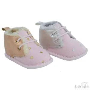 Girl's Pink Suede Trainers W/Star Print, Glitter PU & Fur Lining: B2224 NB-12 Months