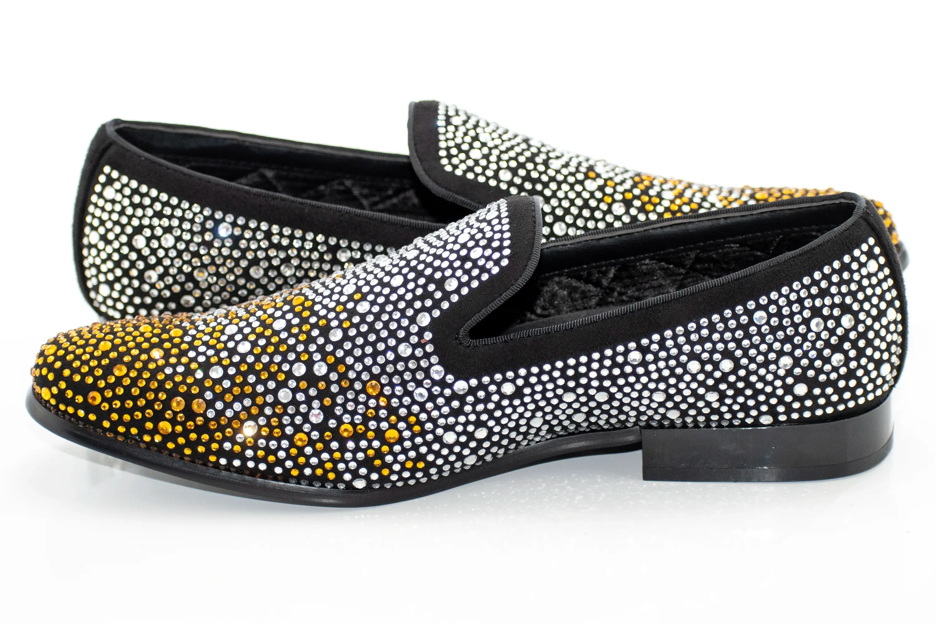 Gold and Silver Rhinestone Suede Smoking Loafers
