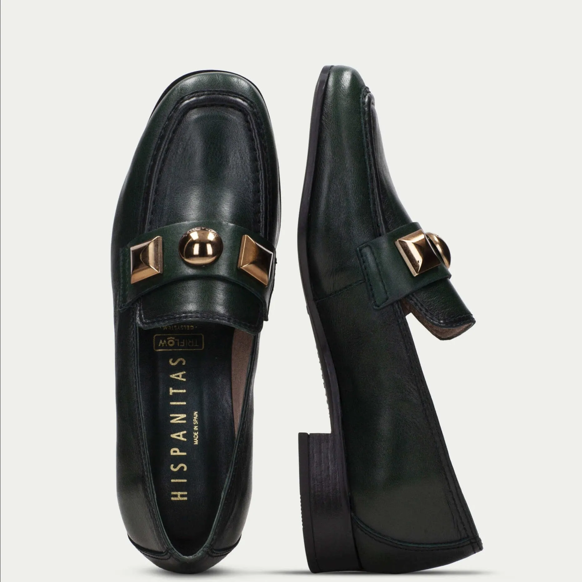 Hispanitas Dark Green Leather Slip On Loafers
