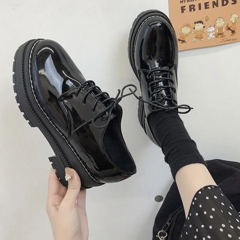 Joskaa Women Oxford Shoes Wedge British Style Round Toe Clogs Platform Autumn All-Match Casual Female Sneakers Soft Leather