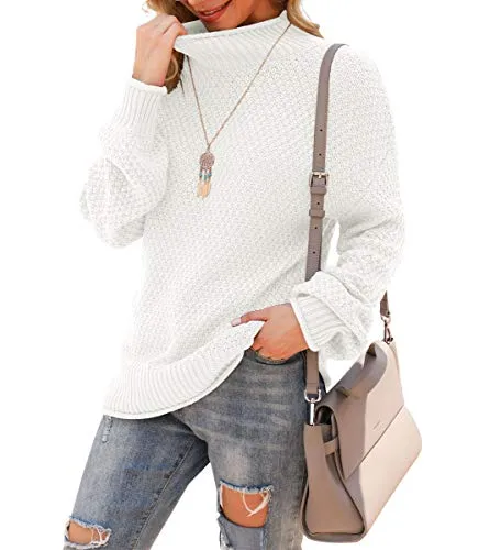 Jouica Womens Loose Turtleneck Pullover Sweater Top,White,X-Large