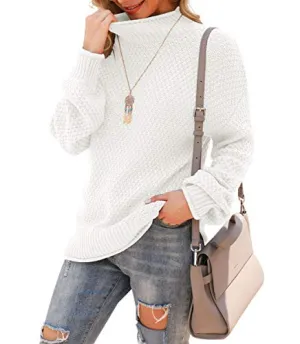 Jouica Womens Loose Turtleneck Pullover Sweater Top,White,X-Large