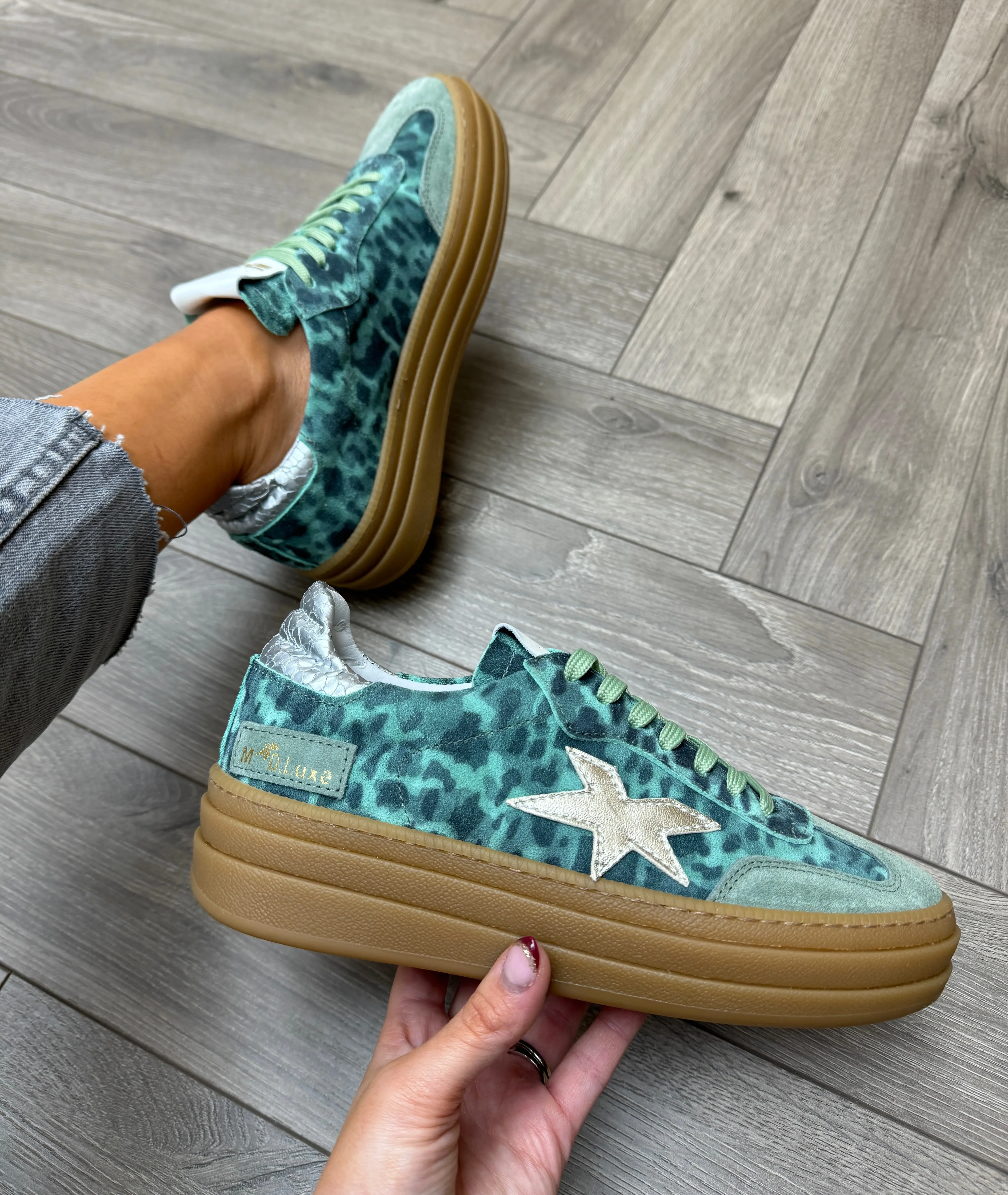 Meline (SS25) Platform Trainer With Camo Pattern VAR E-540 - Berlin Smoke Green Tiffany - (ME3)