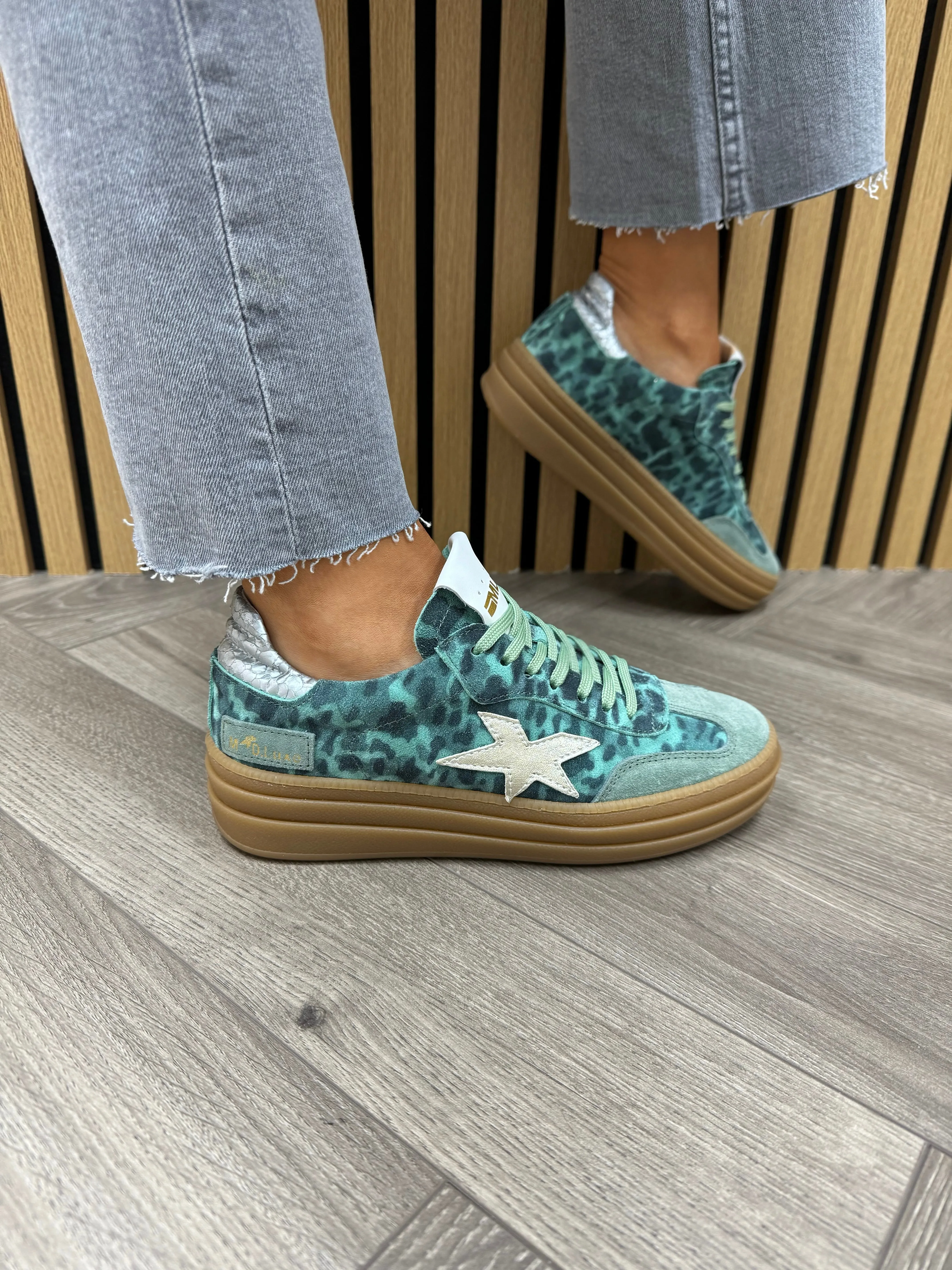 Meline (SS25) Platform Trainer With Camo Pattern VAR E-540 - Berlin Smoke Green Tiffany - (ME3)