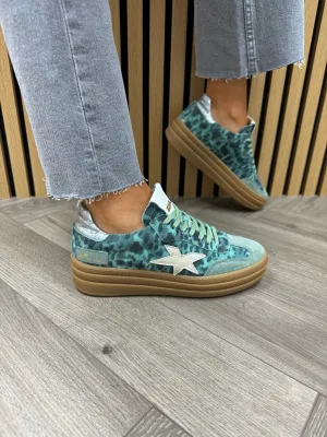 Meline (SS25) Platform Trainer With Camo Pattern VAR E-540 - Berlin Smoke Green Tiffany - (ME3)