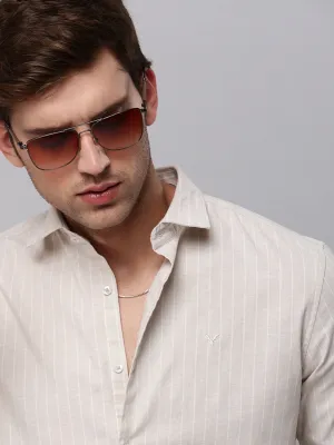 Men Beige Vertical Striped Casual Cotton Shirt