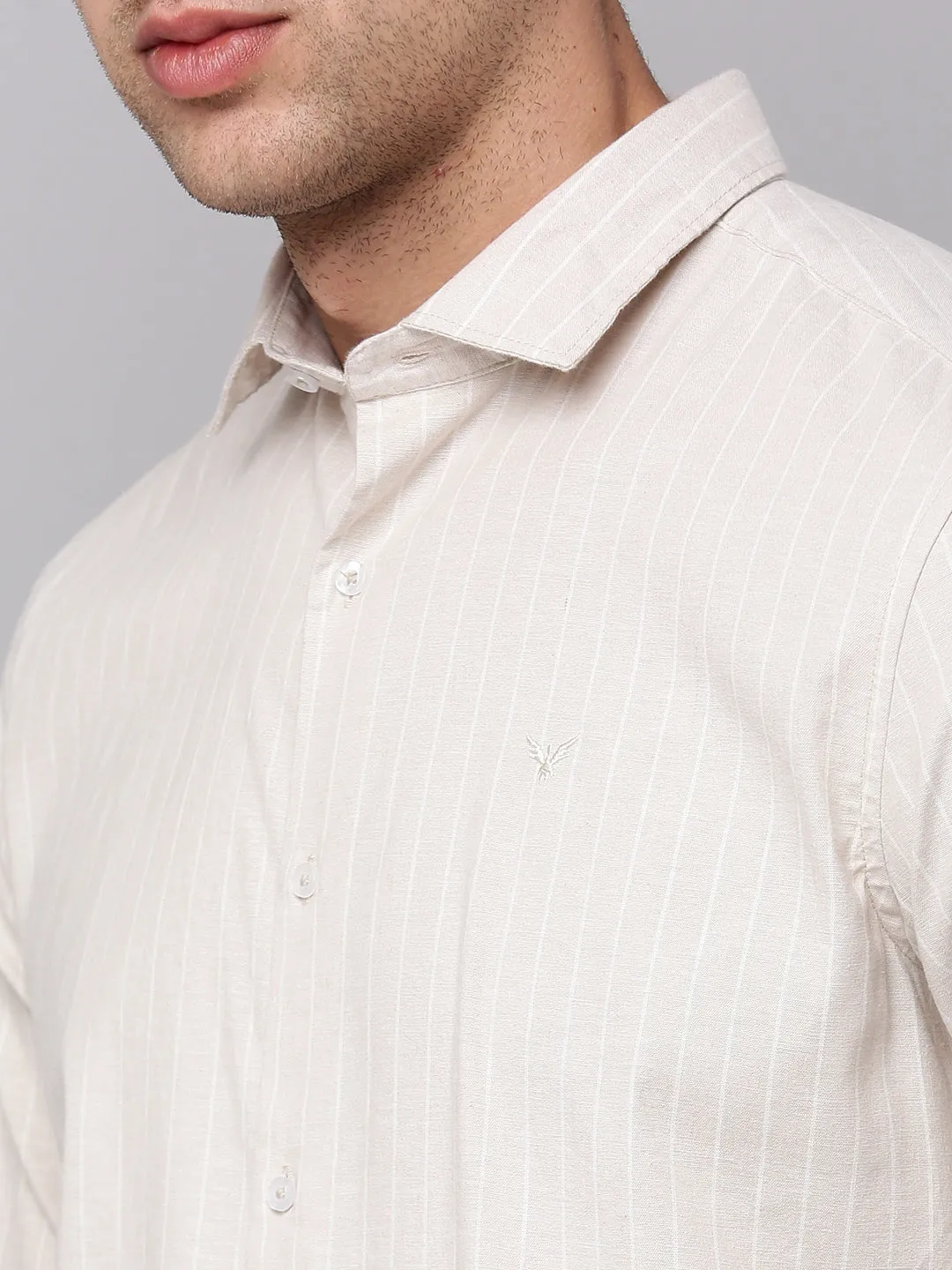 Men Beige Vertical Striped Casual Cotton Shirt