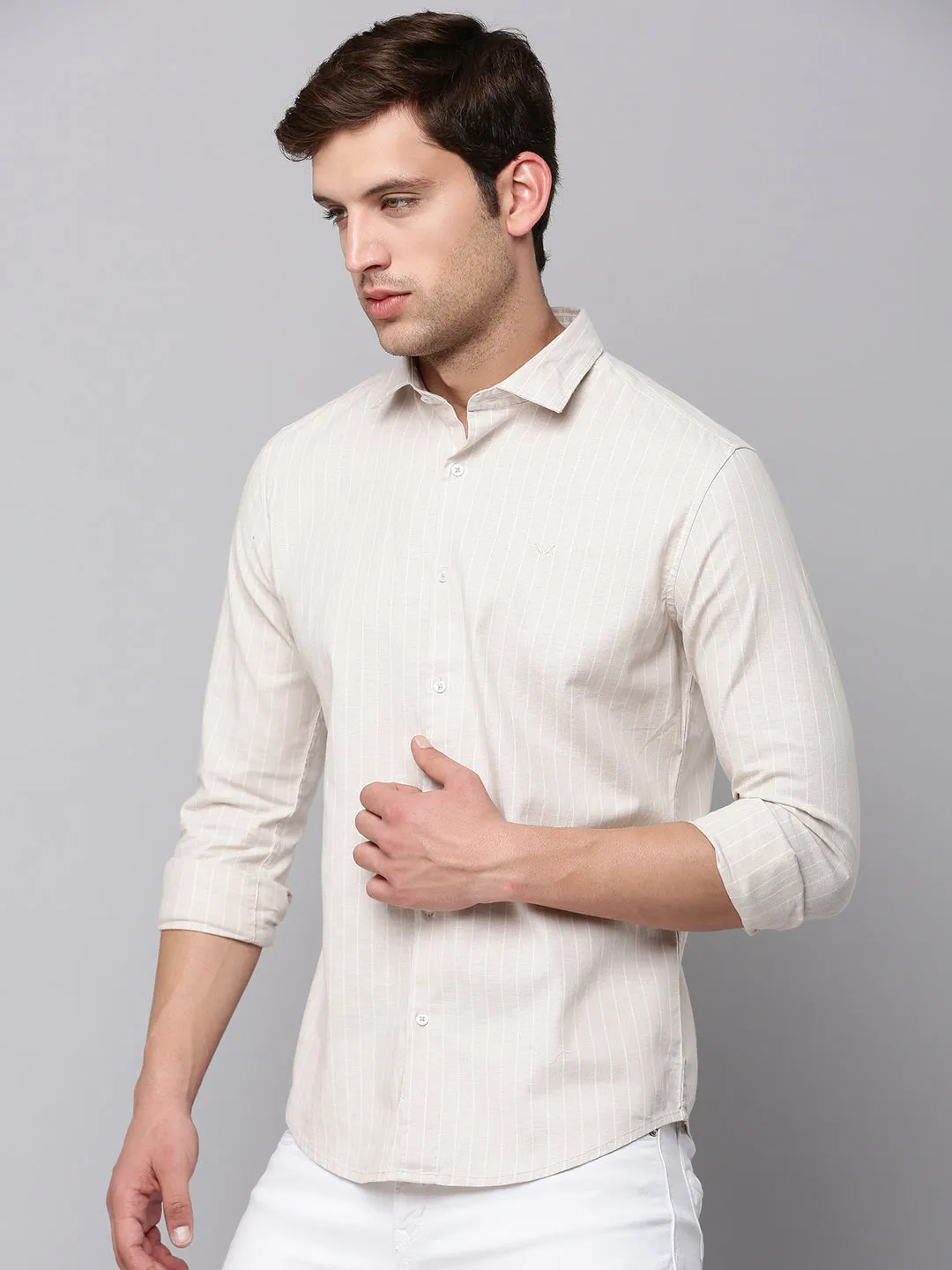 Men Beige Vertical Striped Casual Cotton Shirt