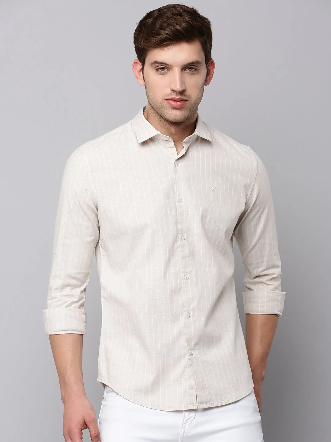 Men Beige Vertical Striped Casual Cotton Shirt
