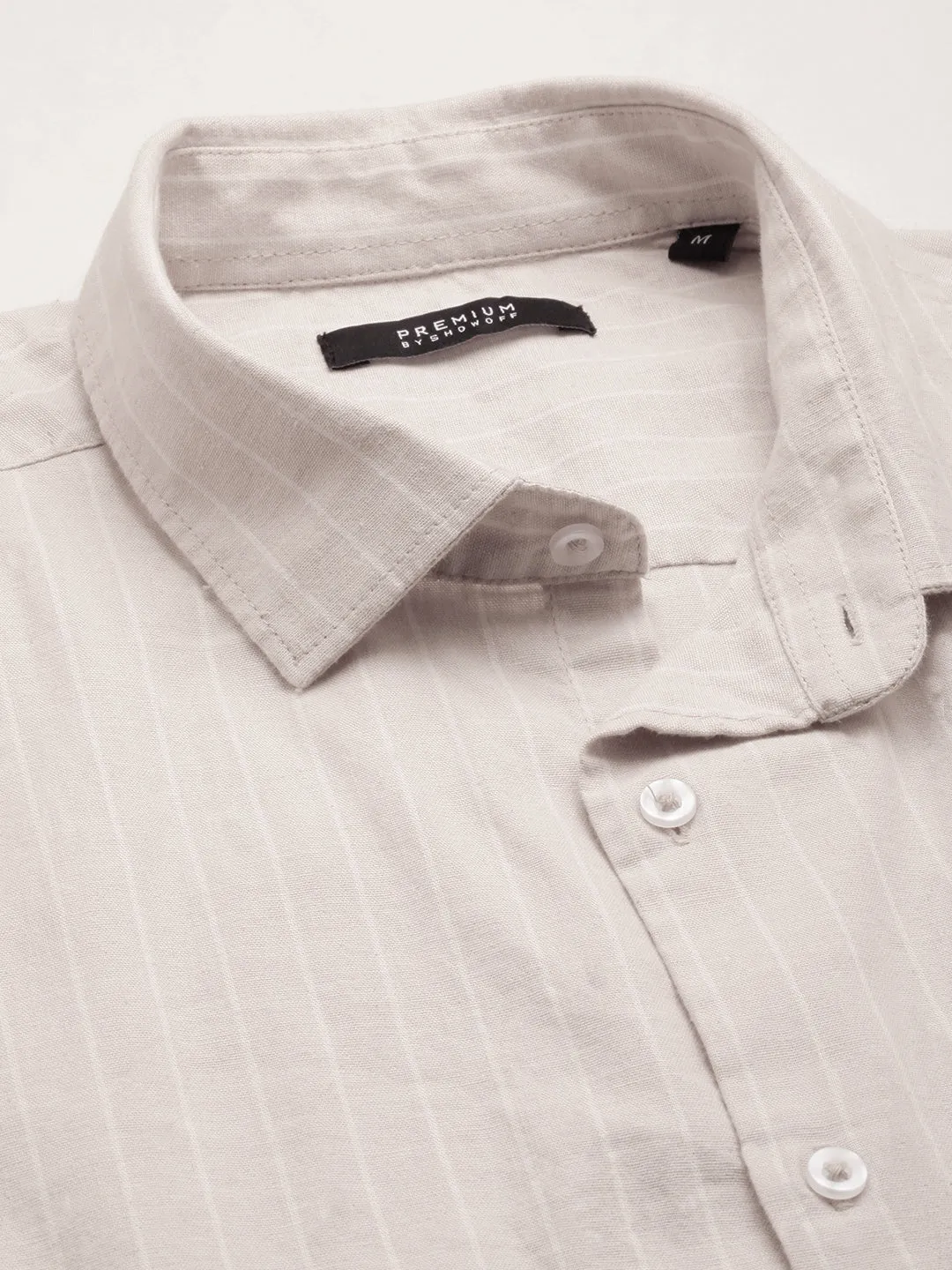 Men Beige Vertical Striped Casual Cotton Shirt