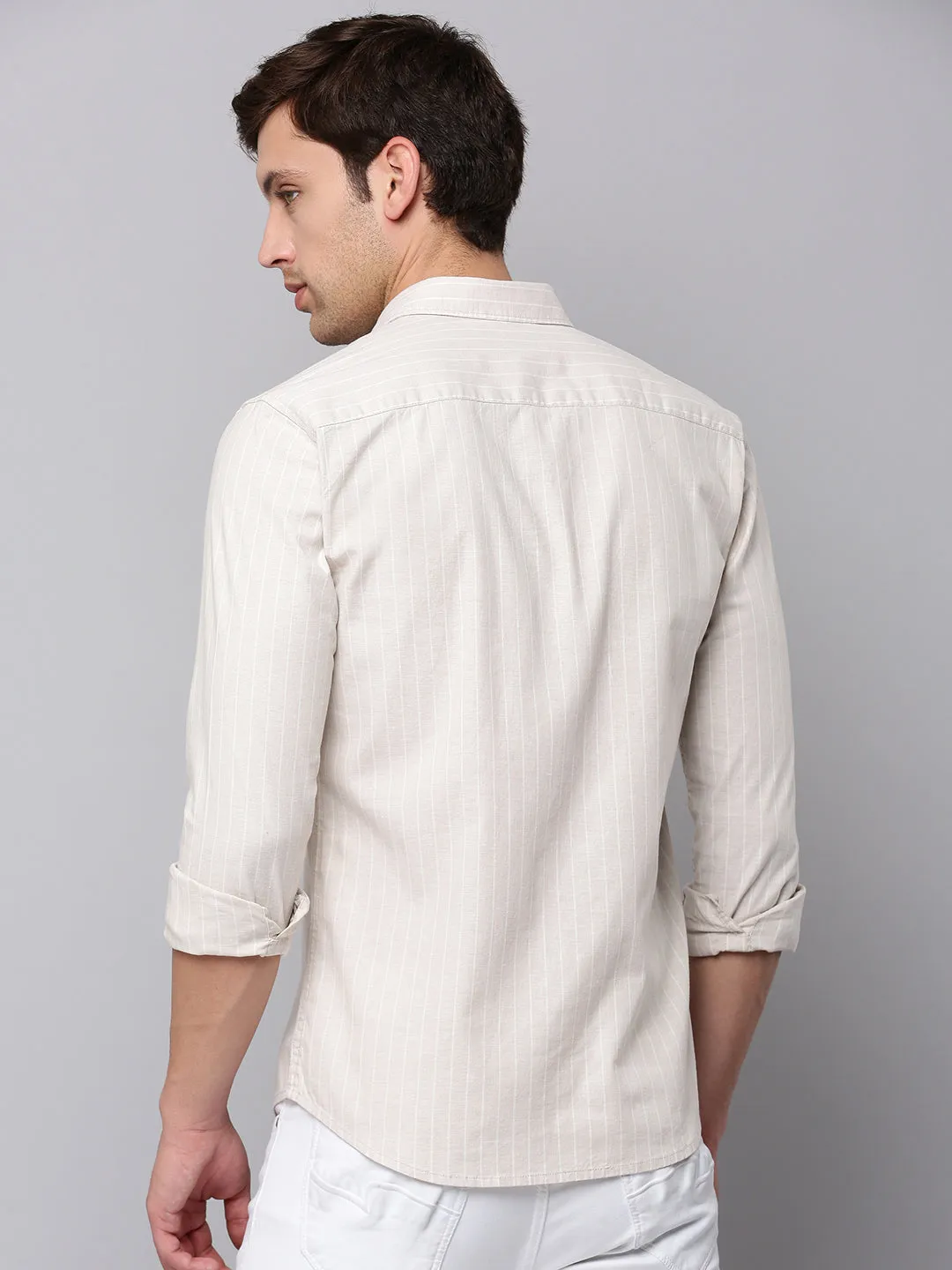 Men Beige Vertical Striped Casual Cotton Shirt