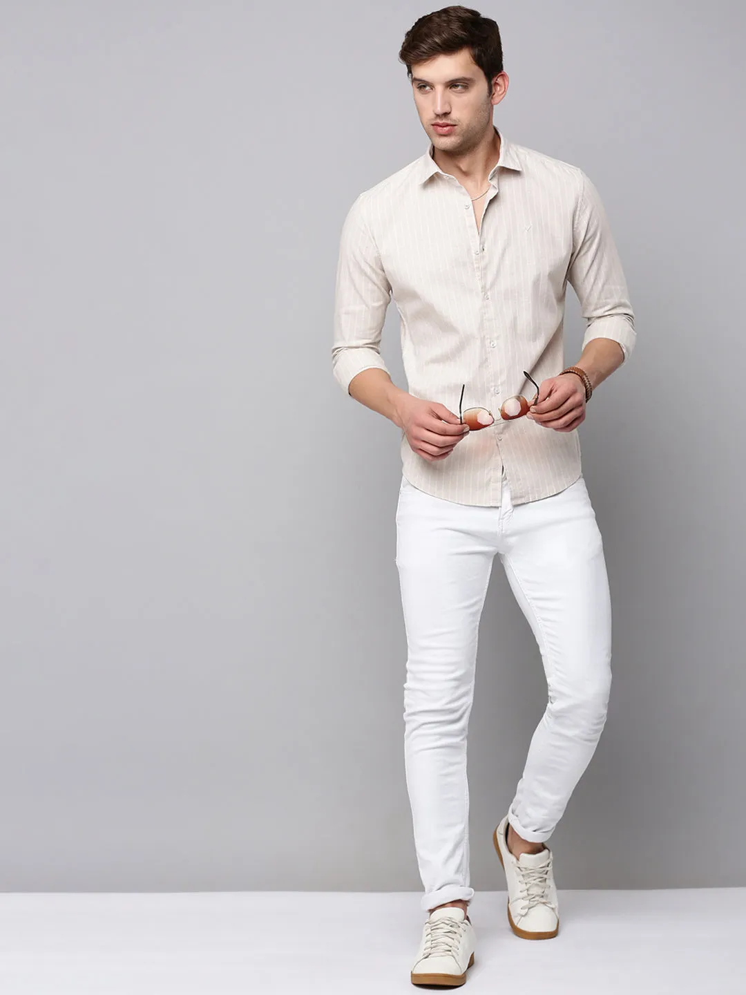 Men Beige Vertical Striped Casual Cotton Shirt