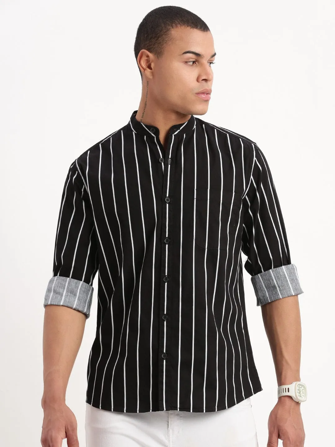 Men Mandarin Collar Vertical Stripes Black Shirt
