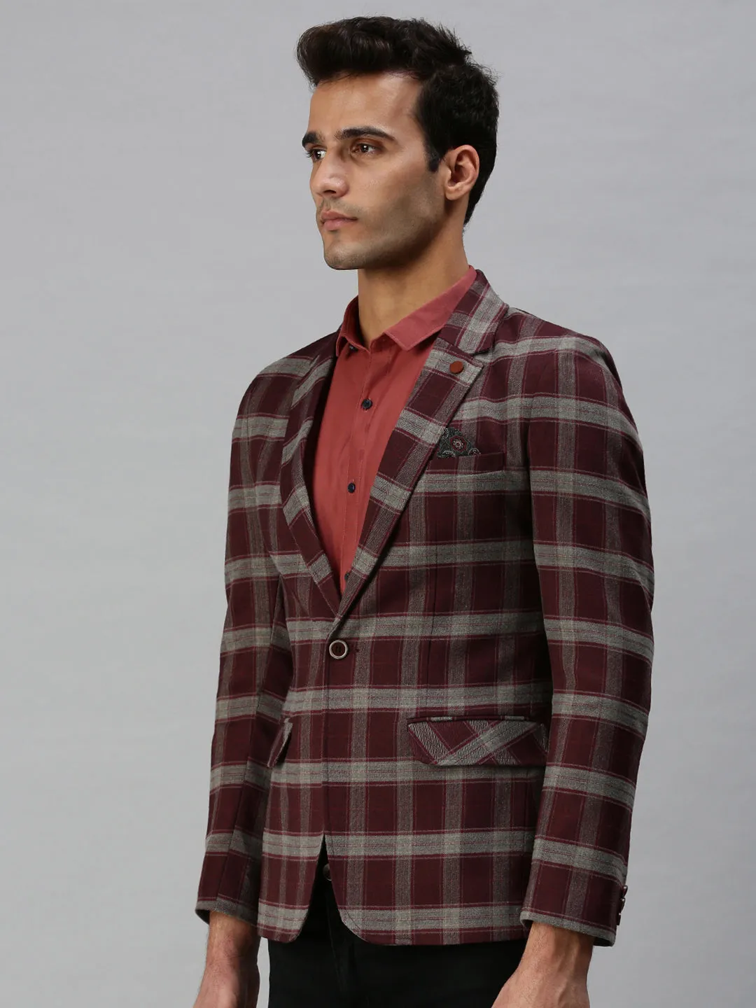 Men Maroon Checked Printed Single-Breasted Slim-Fit Casual Blazer