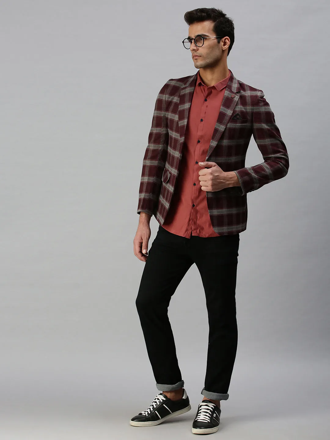 Men Maroon Checked Printed Single-Breasted Slim-Fit Casual Blazer