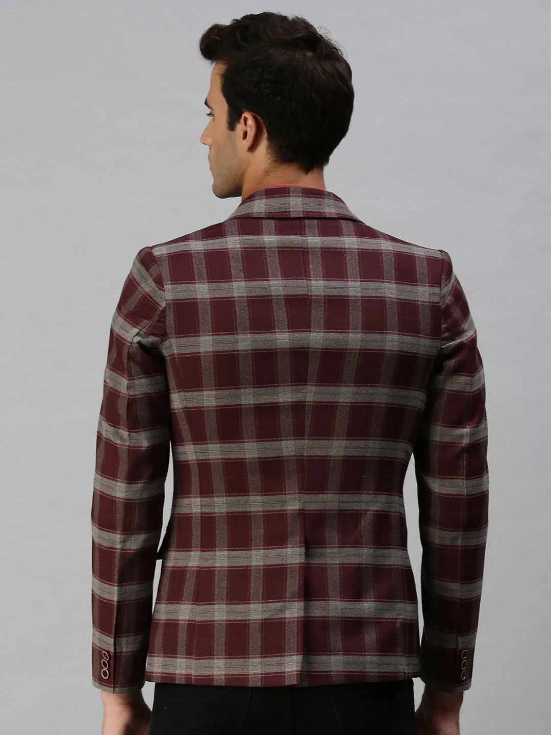 Men Maroon Checked Printed Single-Breasted Slim-Fit Casual Blazer