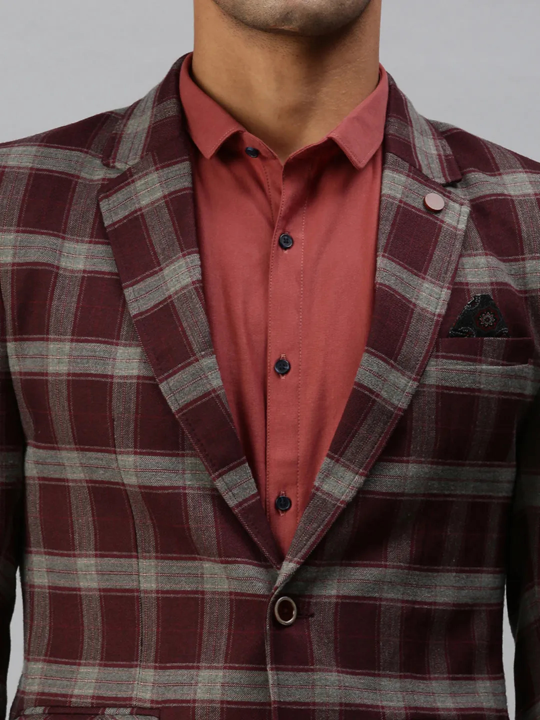 Men Maroon Checked Printed Single-Breasted Slim-Fit Casual Blazer