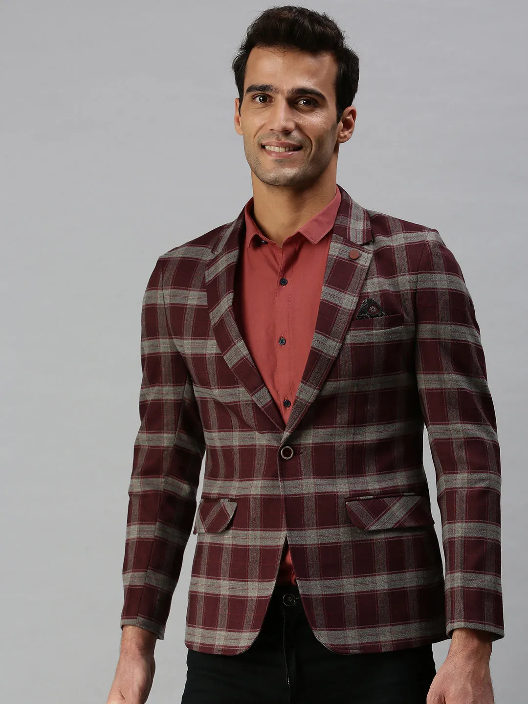 Men Maroon Checked Printed Single-Breasted Slim-Fit Casual Blazer