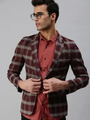 Men Maroon Checked Printed Single-Breasted Slim-Fit Casual Blazer