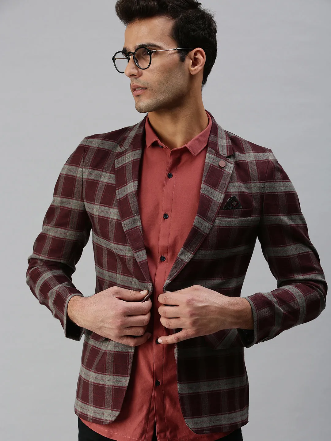 Men Maroon Checked Printed Single-Breasted Slim-Fit Casual Blazer