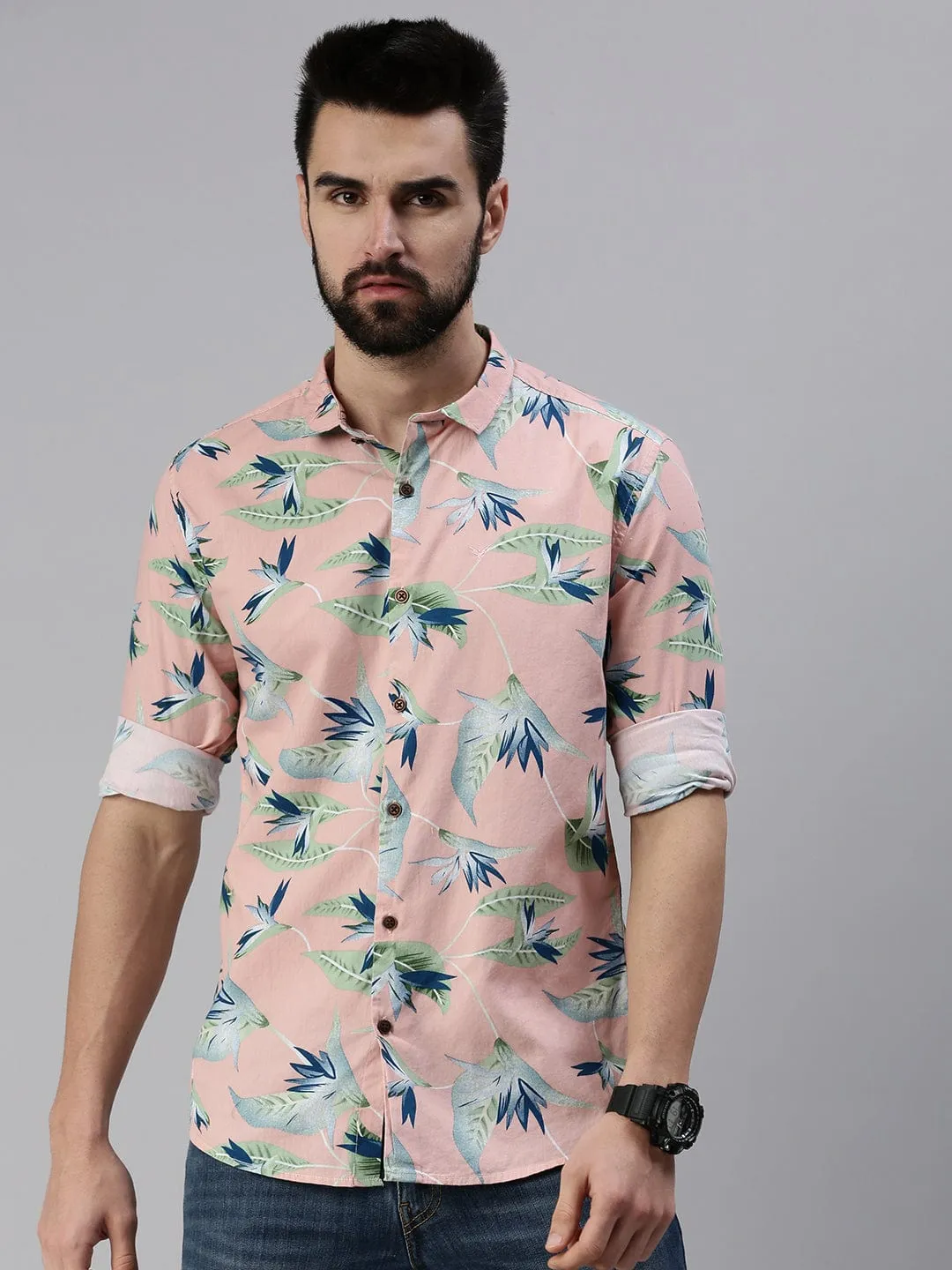 Men Mauve Comfort Slim Fit Floral Printed Casual Shirt
