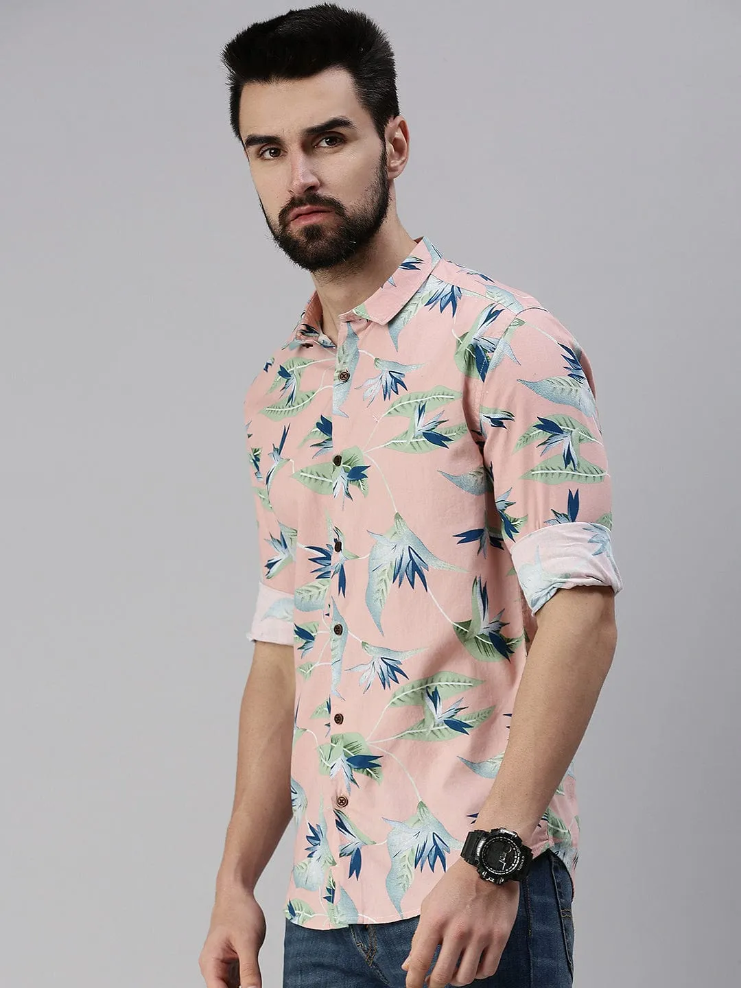 Men Mauve Comfort Slim Fit Floral Printed Casual Shirt