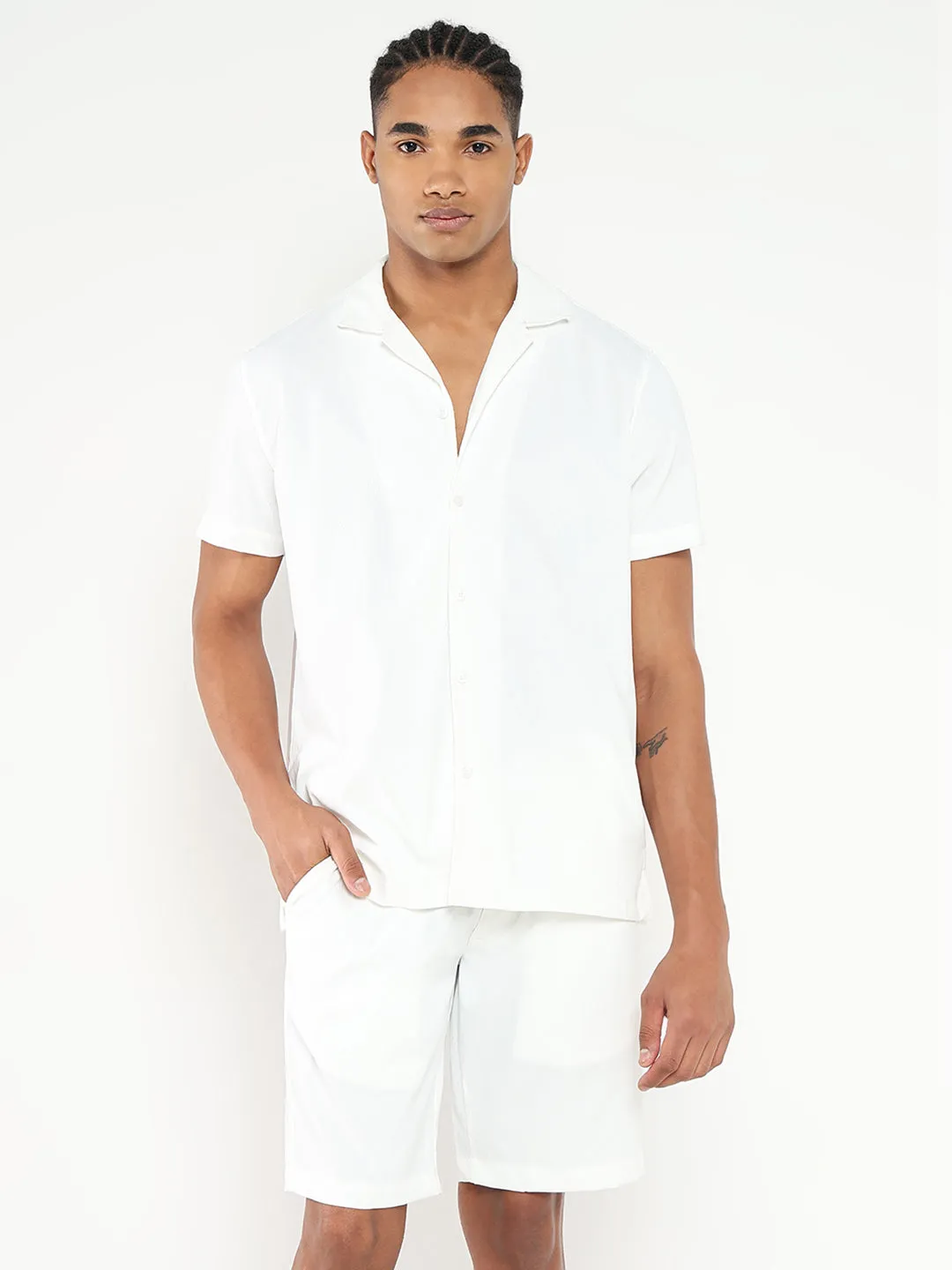 Men White Solid Cotton Co Ords Set