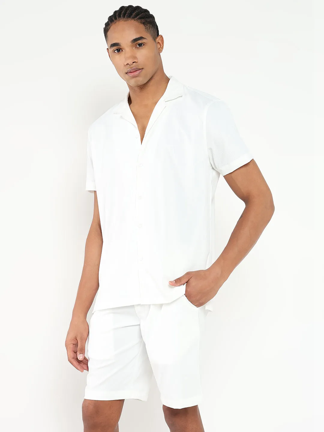 Men White Solid Cotton Co Ords Set