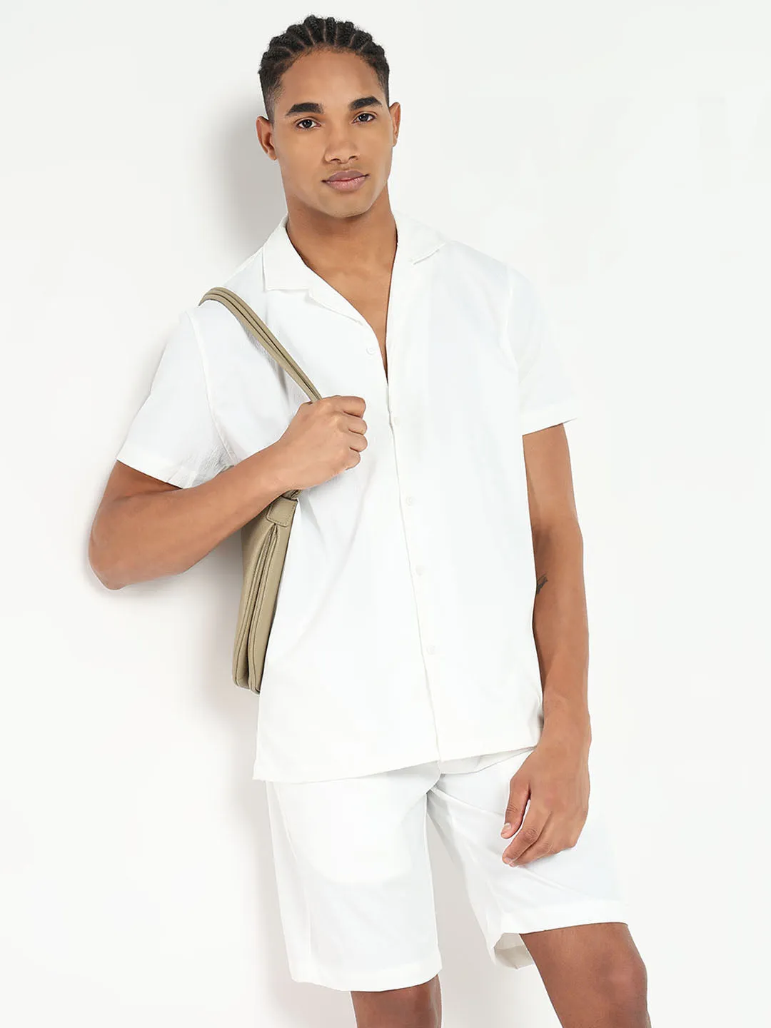 Men White Solid Cotton Co Ords Set