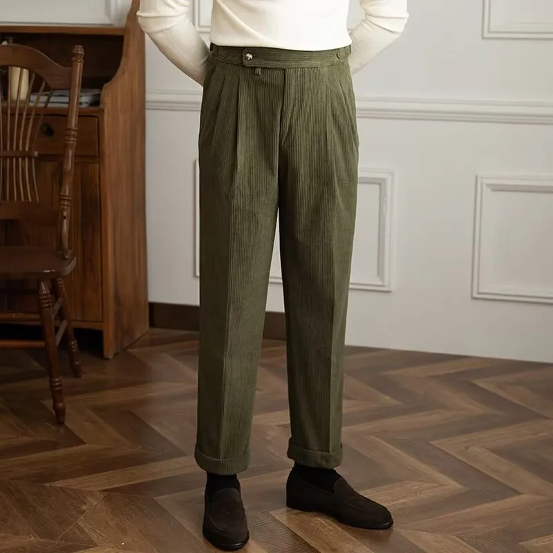 Mens Corduroy Trousers  High Waist  Straight Fit  Pleated Front  Rolled Cuffs