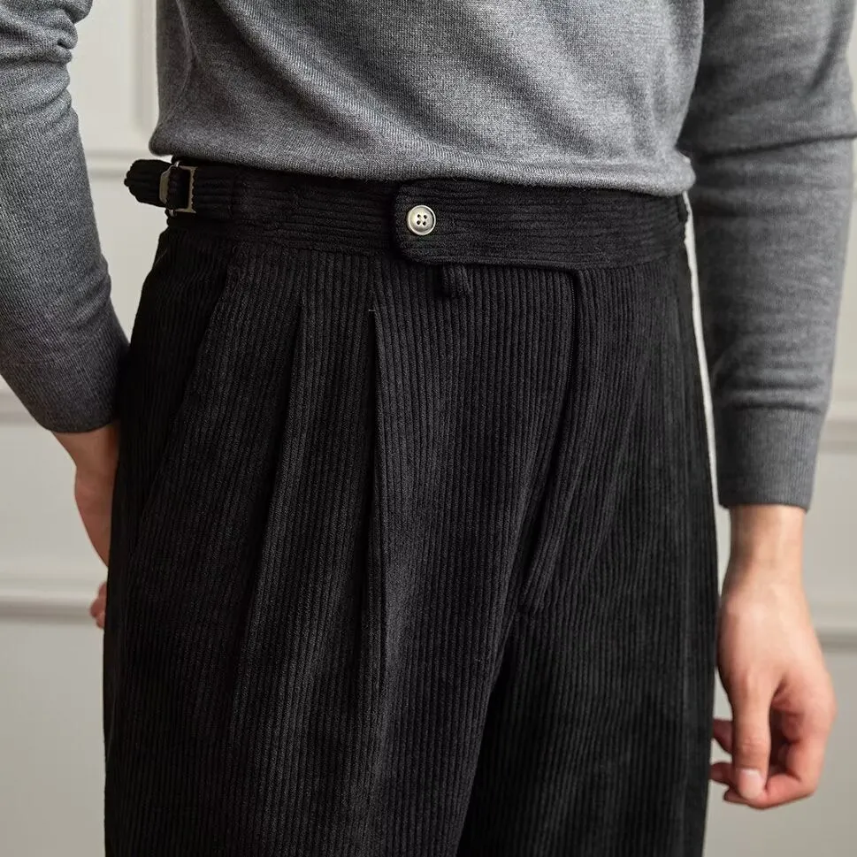 Mens Corduroy Trousers  High Waist  Straight Fit  Pleated Front  Rolled Cuffs