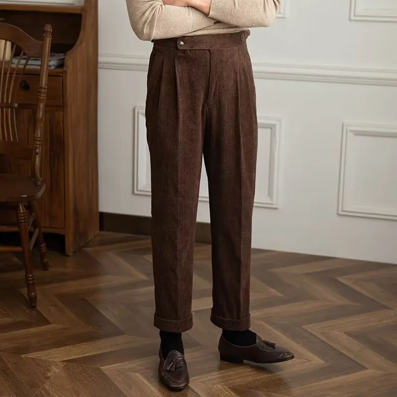 Mens Corduroy Trousers  High Waist  Straight Fit  Pleated Front  Rolled Cuffs