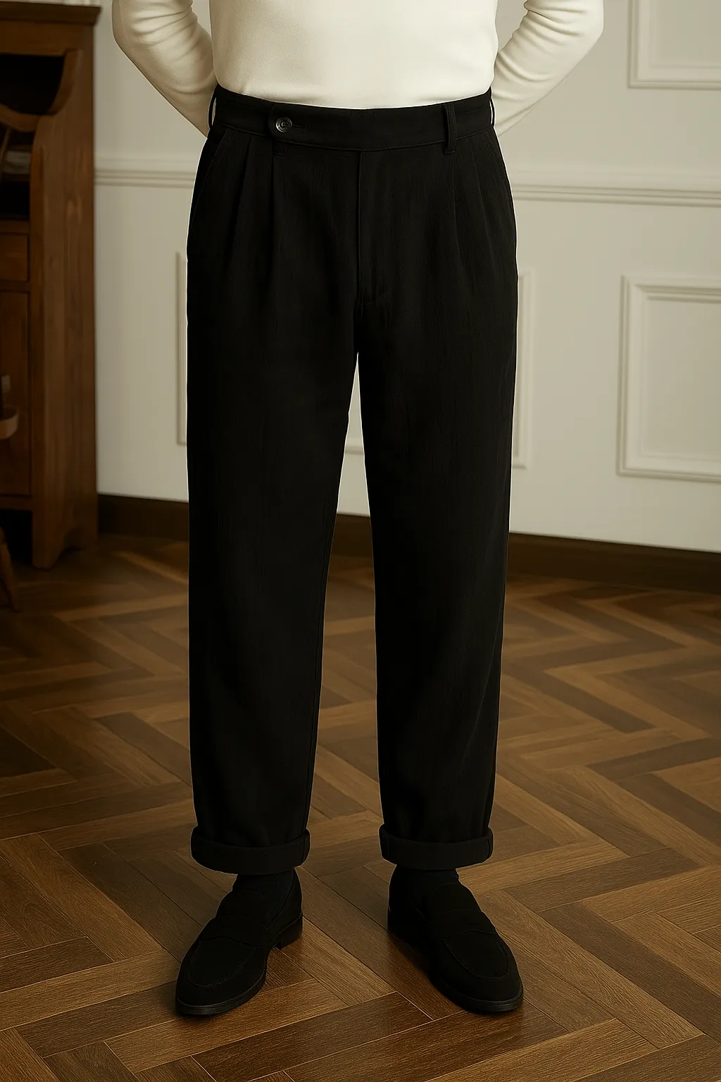 Mens Corduroy Trousers  High Waist  Straight Fit  Pleated Front  Rolled Cuffs