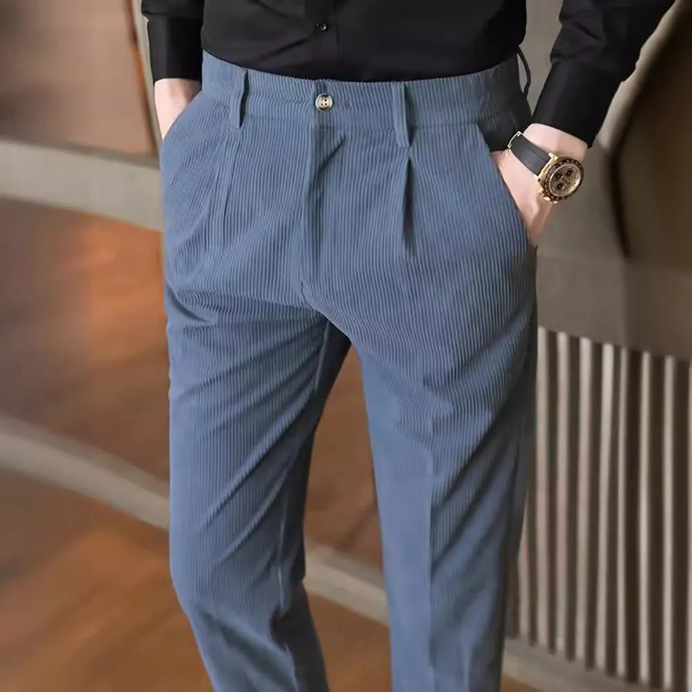 Mens Corduroy Trousers  Slim Fit  Pleated Front  Full Length  Smart Casual