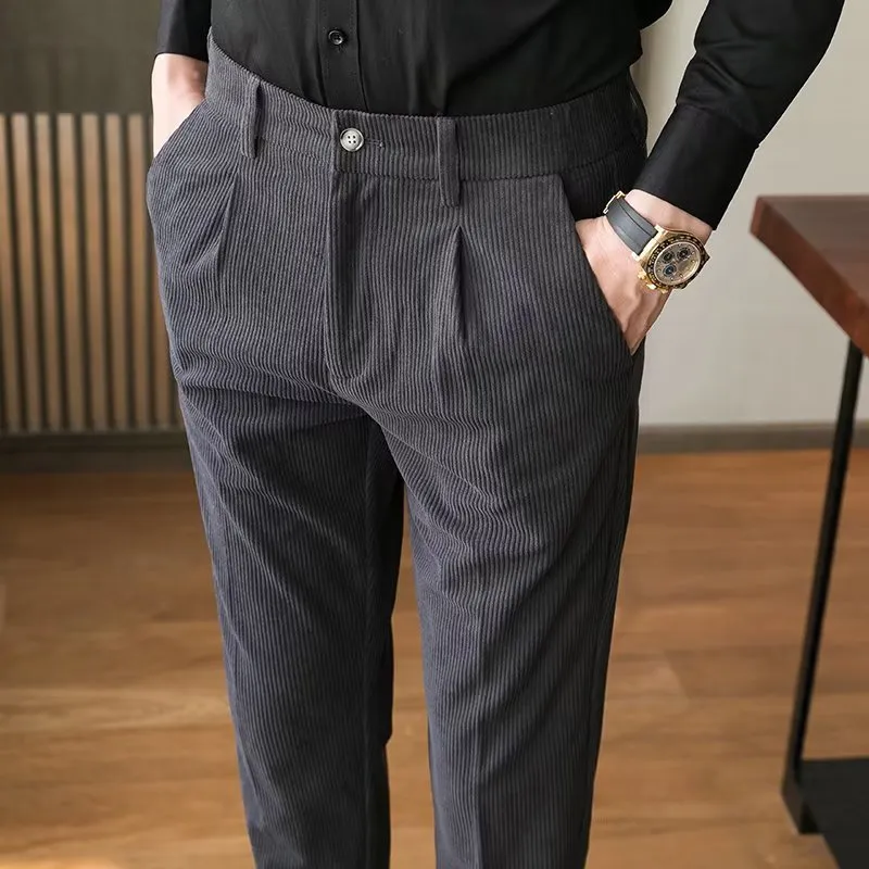 Mens Corduroy Trousers  Slim Fit  Pleated Front  Full Length  Smart Casual