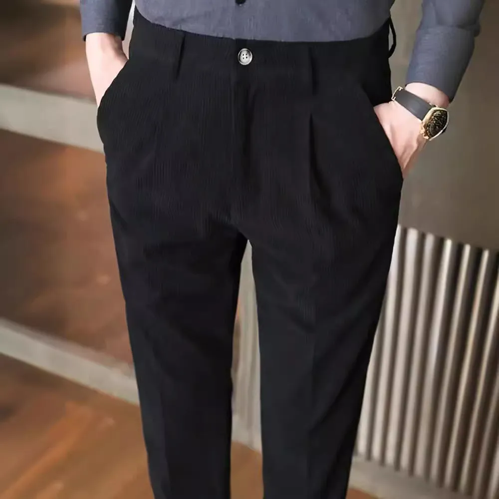 Mens Corduroy Trousers  Slim Fit  Pleated Front  Full Length  Smart Casual