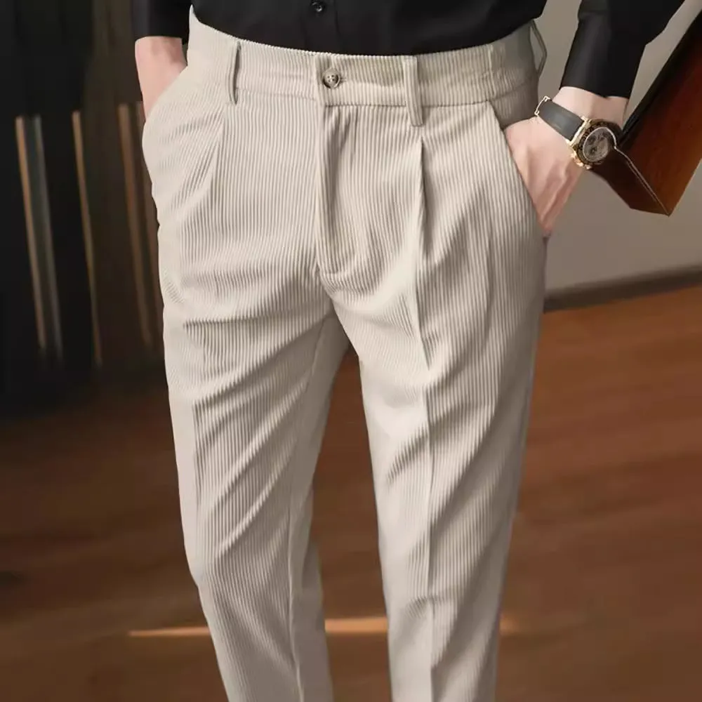 Mens Corduroy Trousers  Slim Fit  Pleated Front  Full Length  Smart Casual