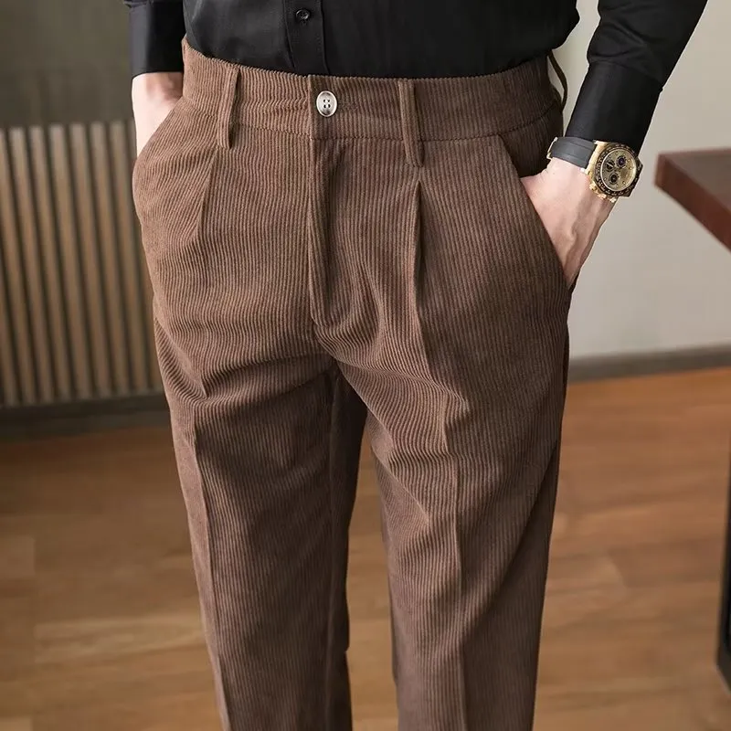 Mens Corduroy Trousers  Slim Fit  Pleated Front  Full Length  Smart Casual