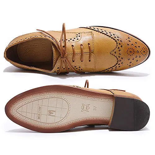 MIKCON Women's Genuine Leather Oxfords Brogue Wingtip Lace Up Dress Shoes Casual Formal Derby Saddle Shoes for Women