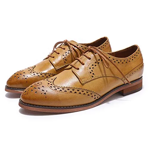 MIKCON Women's Genuine Leather Oxfords Brogue Wingtip Lace Up Dress Shoes Casual Formal Derby Saddle Shoes for Women