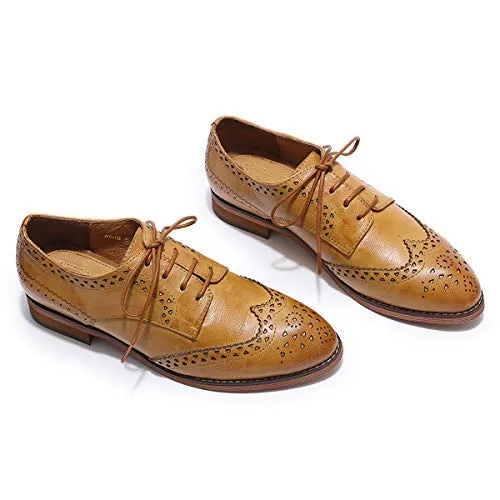 MIKCON Women's Genuine Leather Oxfords Brogue Wingtip Lace Up Dress Shoes Casual Formal Derby Saddle Shoes for Women
