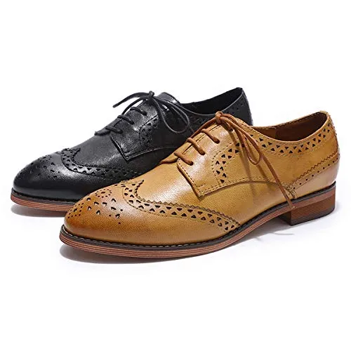 MIKCON Women's Genuine Leather Oxfords Brogue Wingtip Lace Up Dress Shoes Casual Formal Derby Saddle Shoes for Women