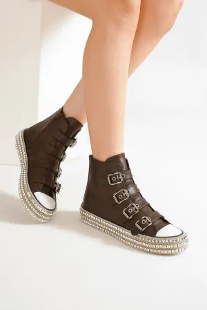 Mocha Multi-Buckle Straps Studded Platform Sneakers