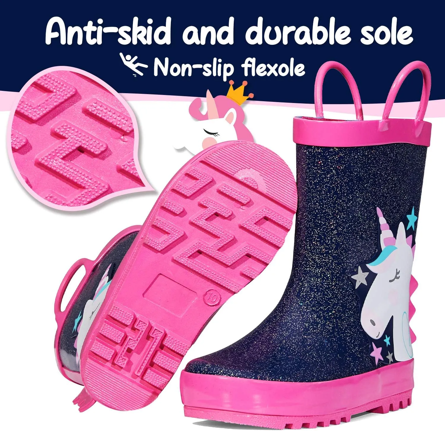 mysoft Kids Rain Boots for Girls Boys Toddler Waterproof Rubber Cute Printed with Easy-On Handles