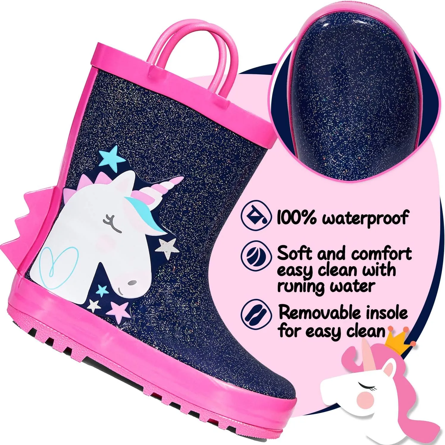 mysoft Kids Rain Boots for Girls Boys Toddler Waterproof Rubber Cute Printed with Easy-On Handles