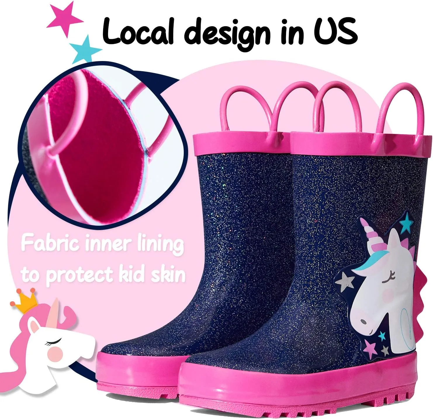 mysoft Kids Rain Boots for Girls Boys Toddler Waterproof Rubber Cute Printed with Easy-On Handles